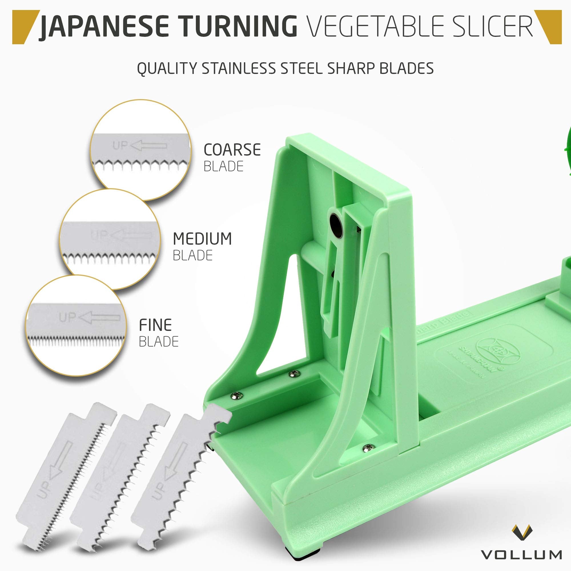 Vollum straight-edge blade generating wide slices for garnishes and plates.