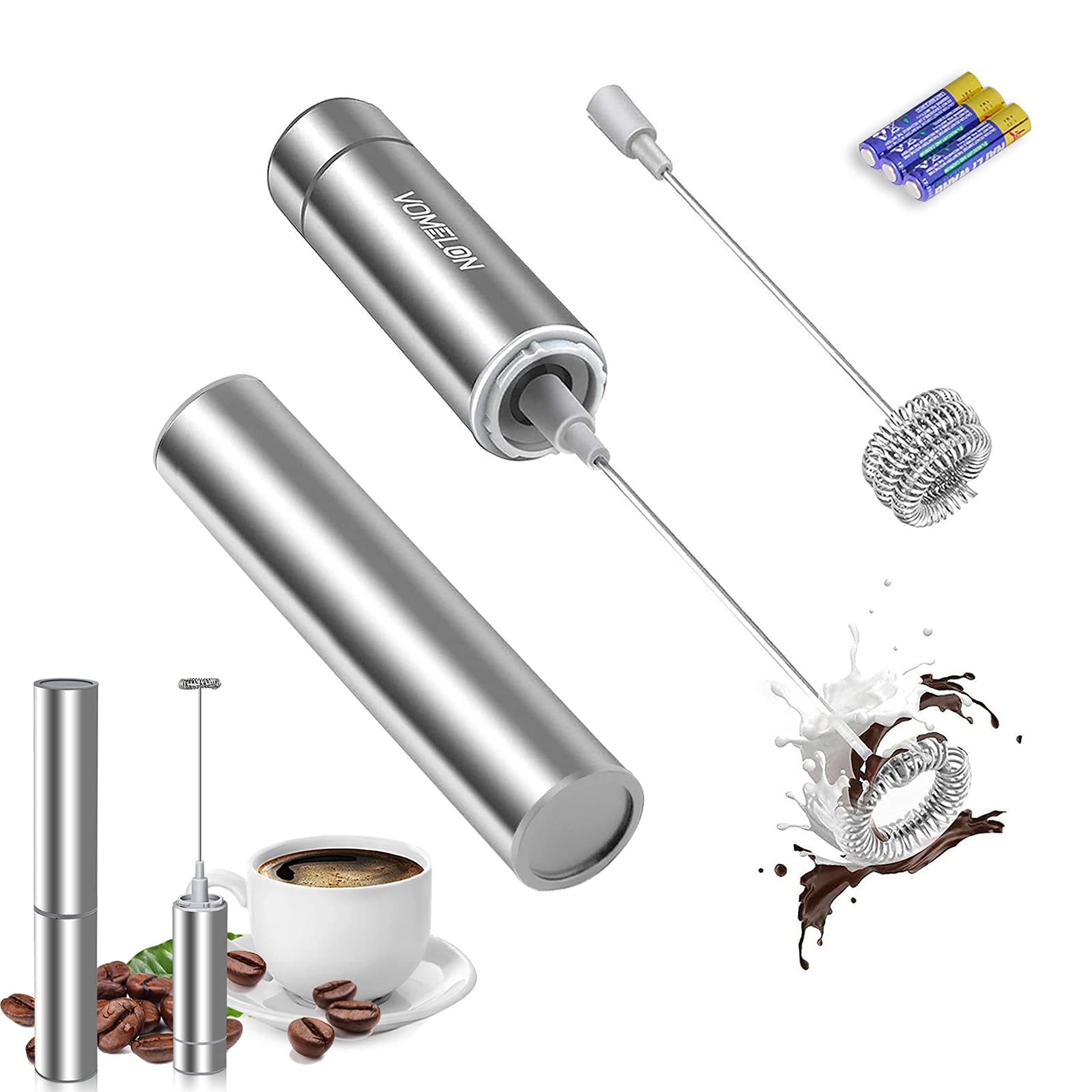 VOMELON milk frother handheld in use for quick creamy foam on hot coffee