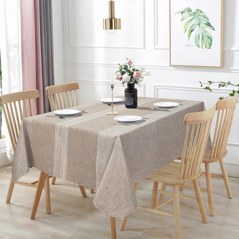 Vonabem brown 60x102 tablecloth on a dining table, stain-resistant and easy to wipe.