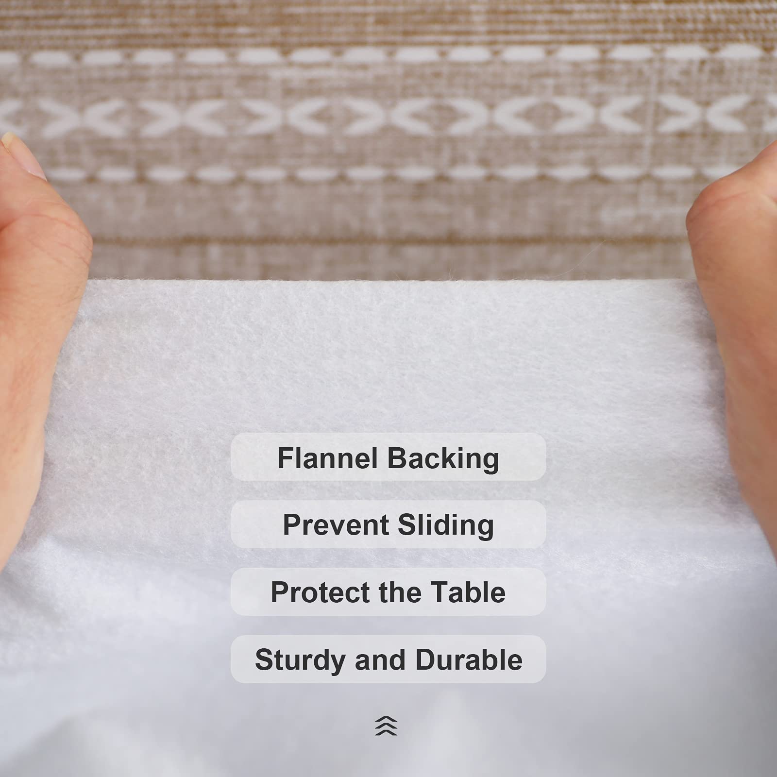 Vonabem tablecloth flannel backing closeup shows soft protection for tabletops.