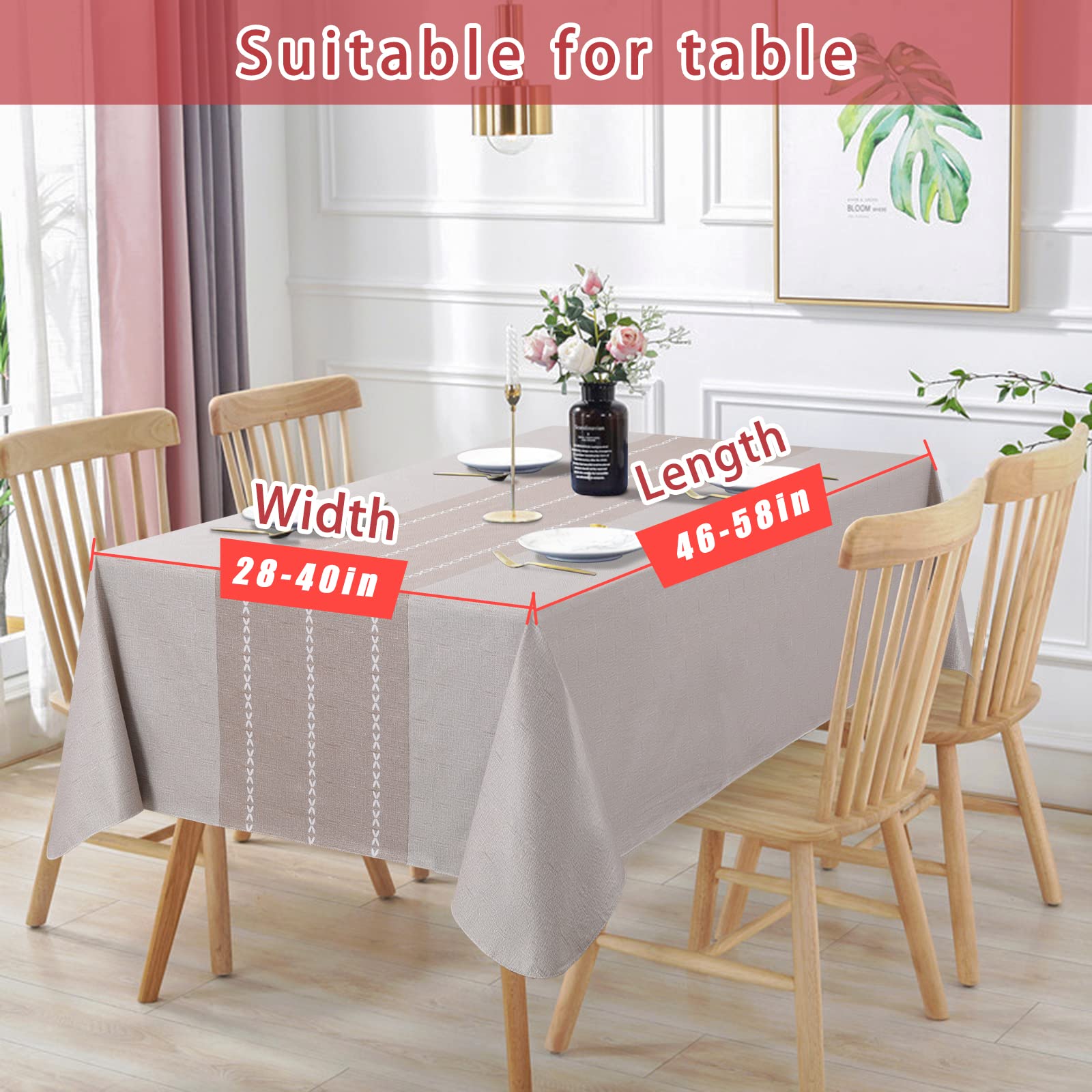 Vonabem beige tablecloth on dining table with utensils.