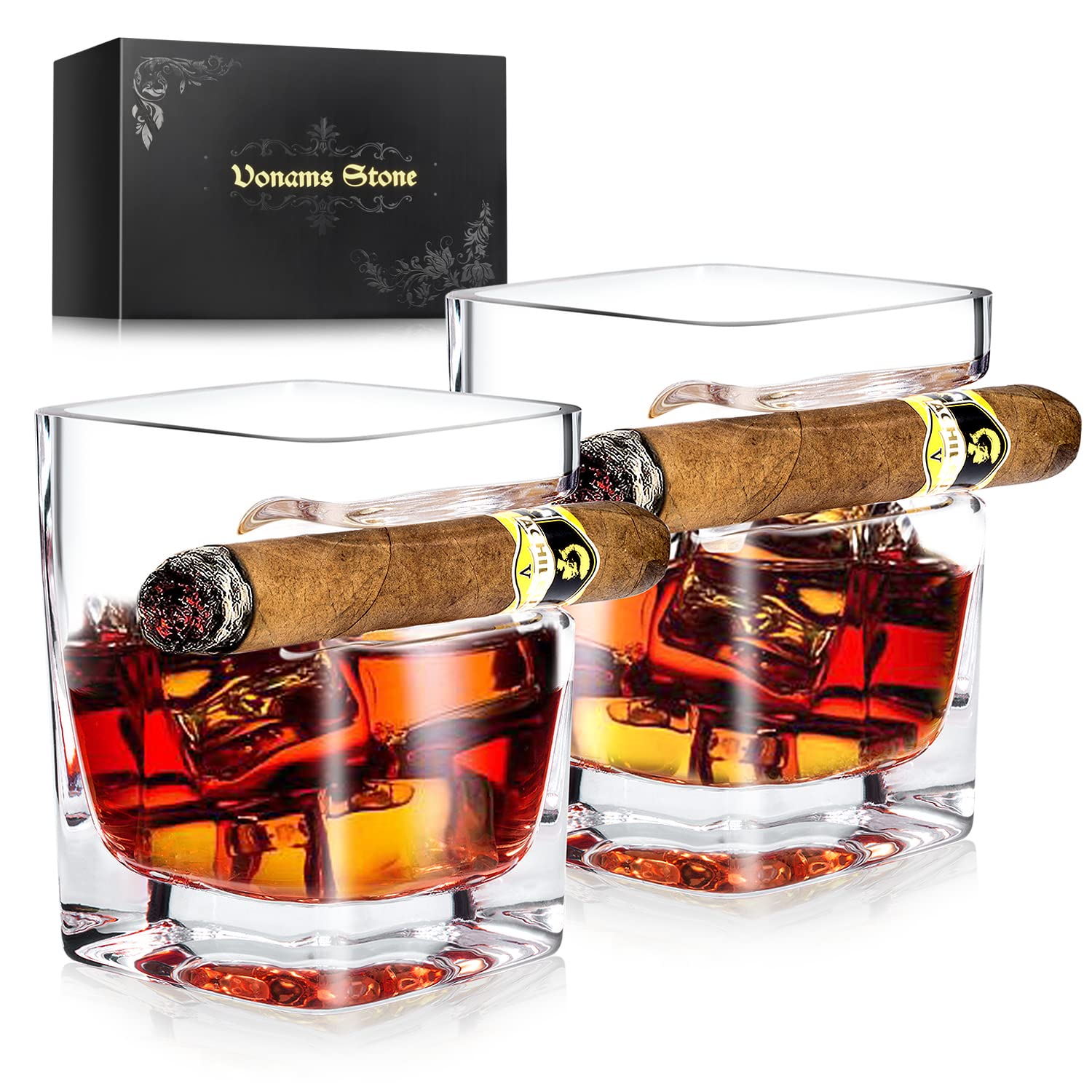Vonams Stone cigar whiskey glasses with built-in rest for stable cigar placement