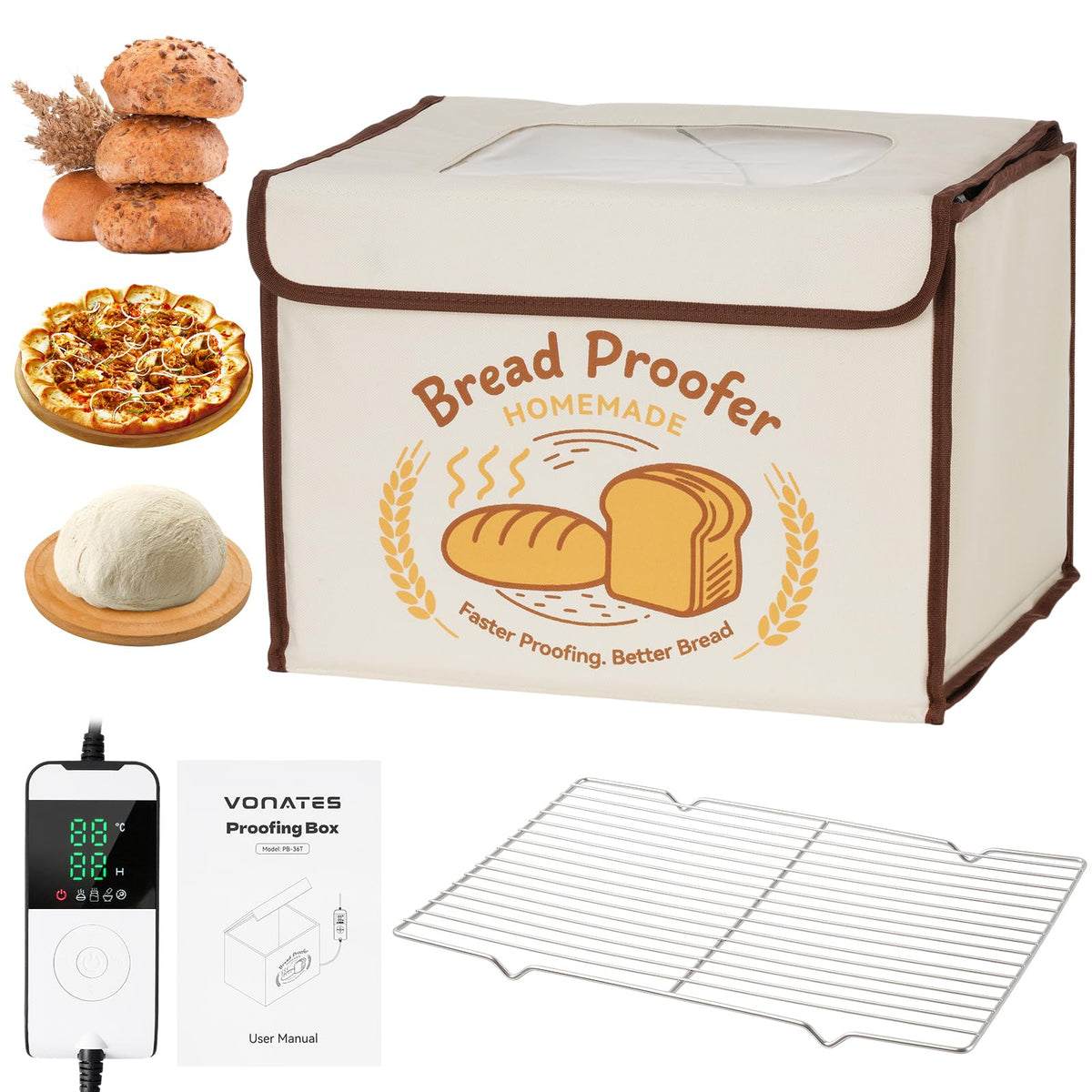 VONATES folding bread proofing box with temp control keeps dough at 50-113°F for steady proofing.