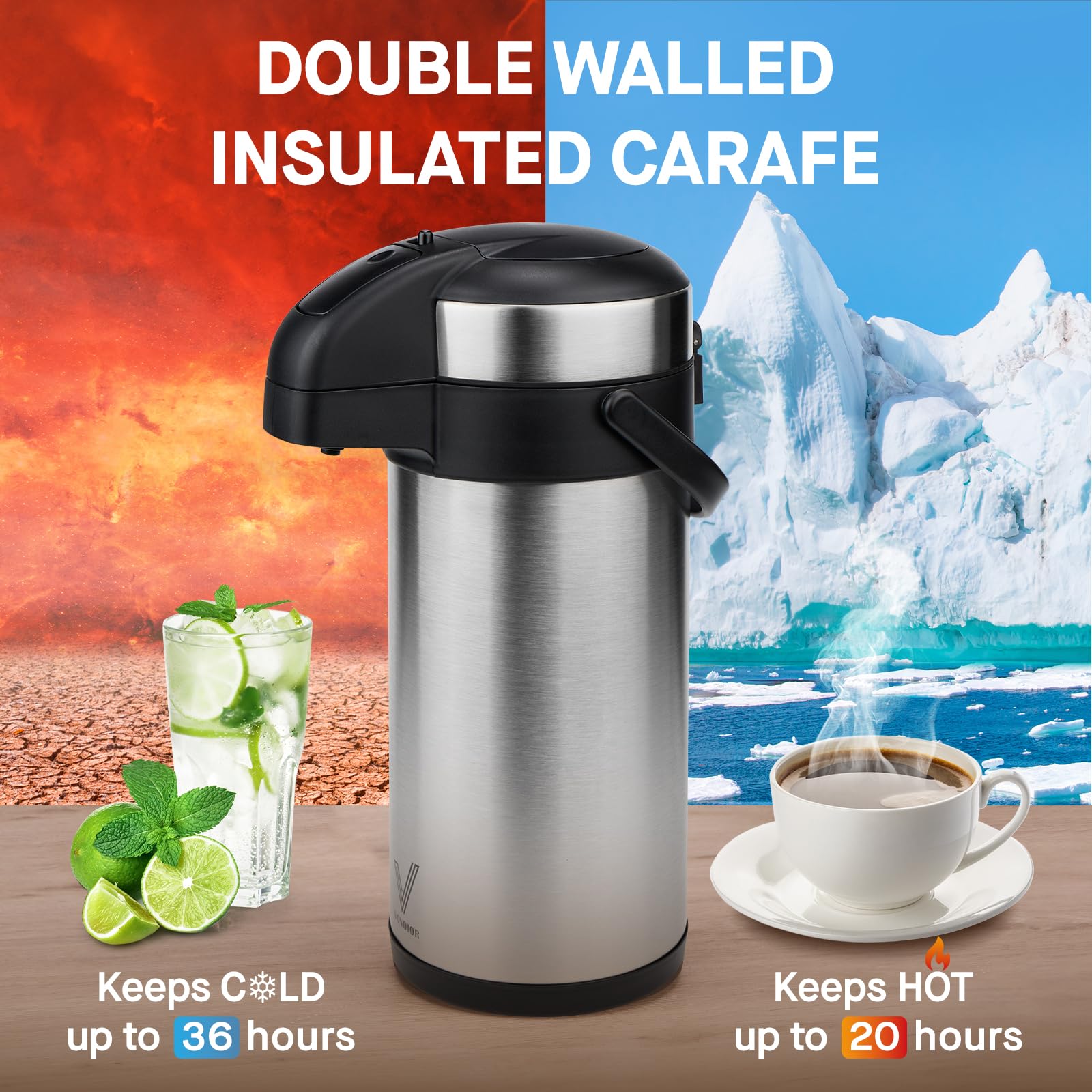 Vondior thermal beverage carafe keeps drinks hot or cold longer.