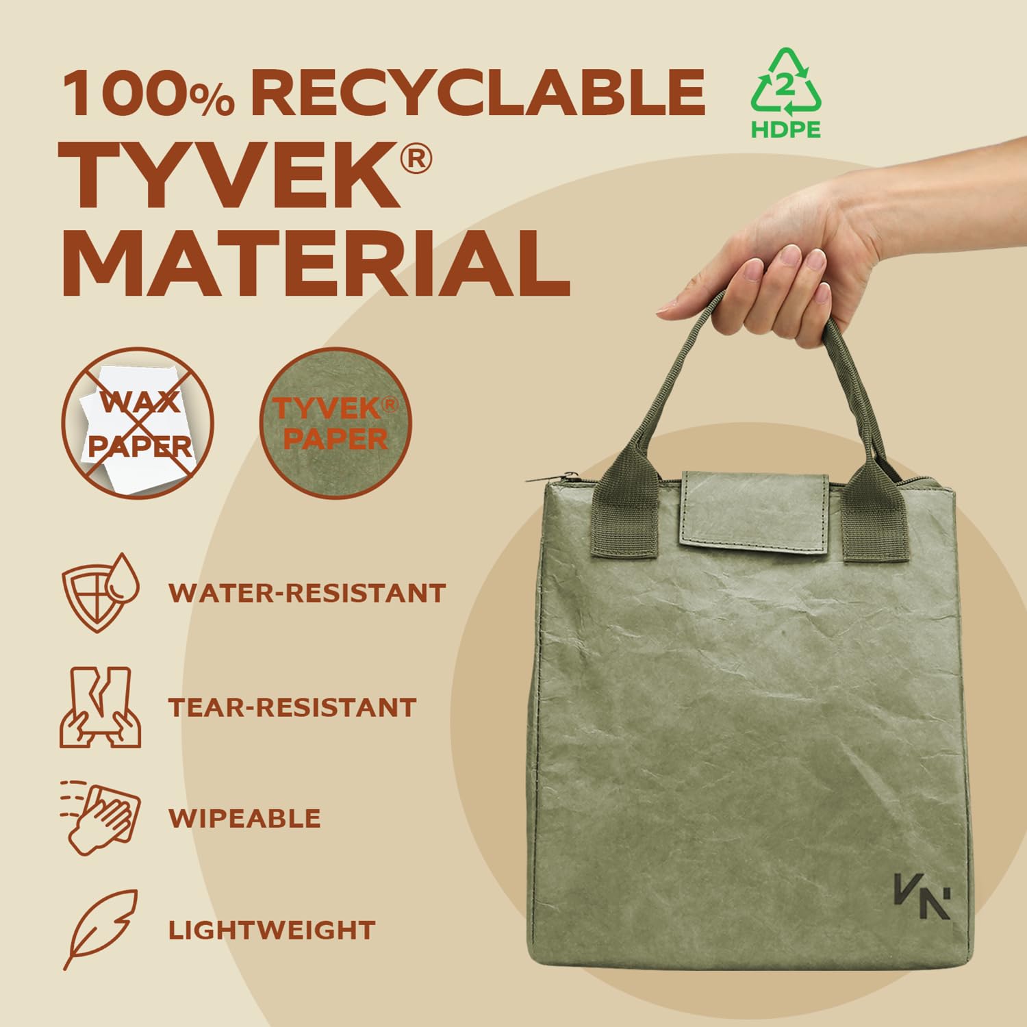 VonNova Tyvek exterior lunch bag emphasizing durability and light weight