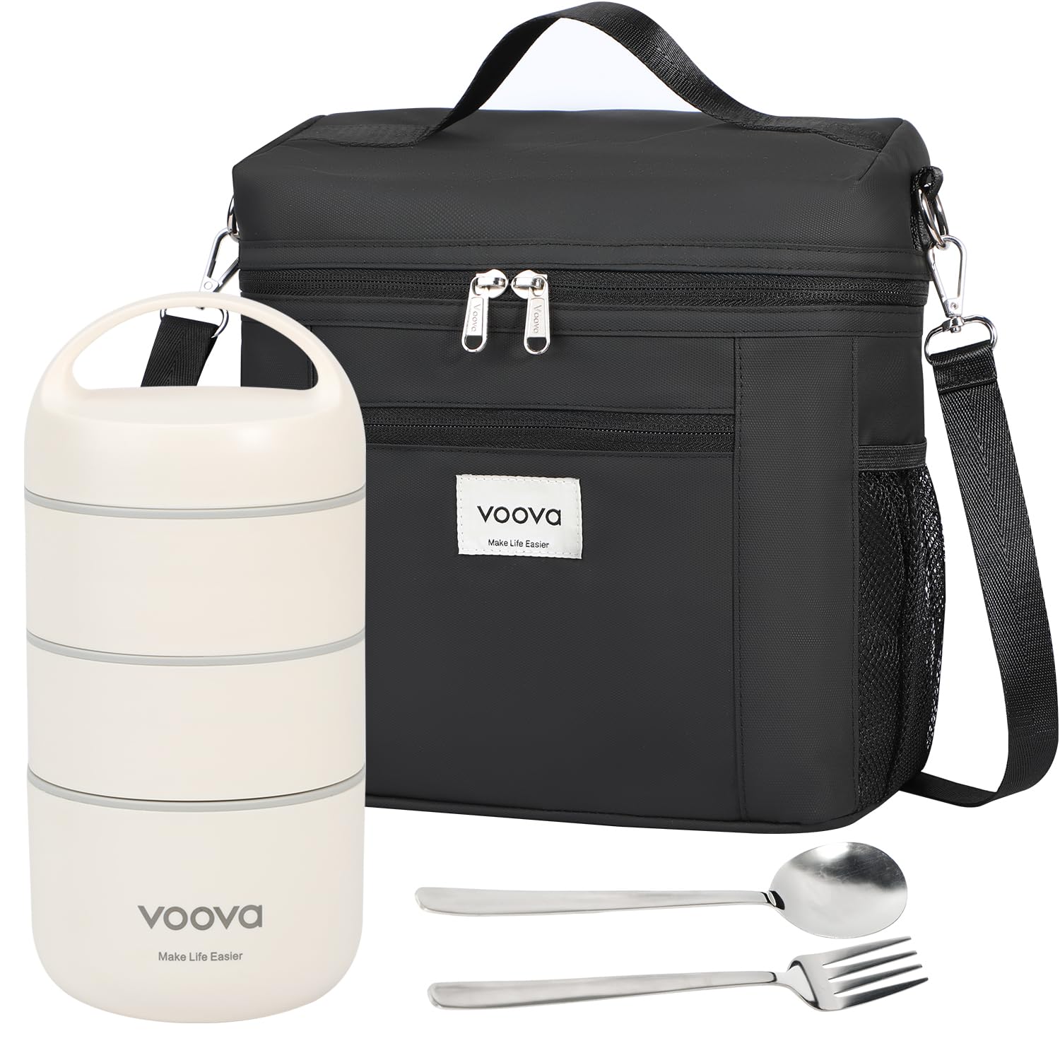 Voova stackable stainless steel lunch box with three tiers for organized meals on the go