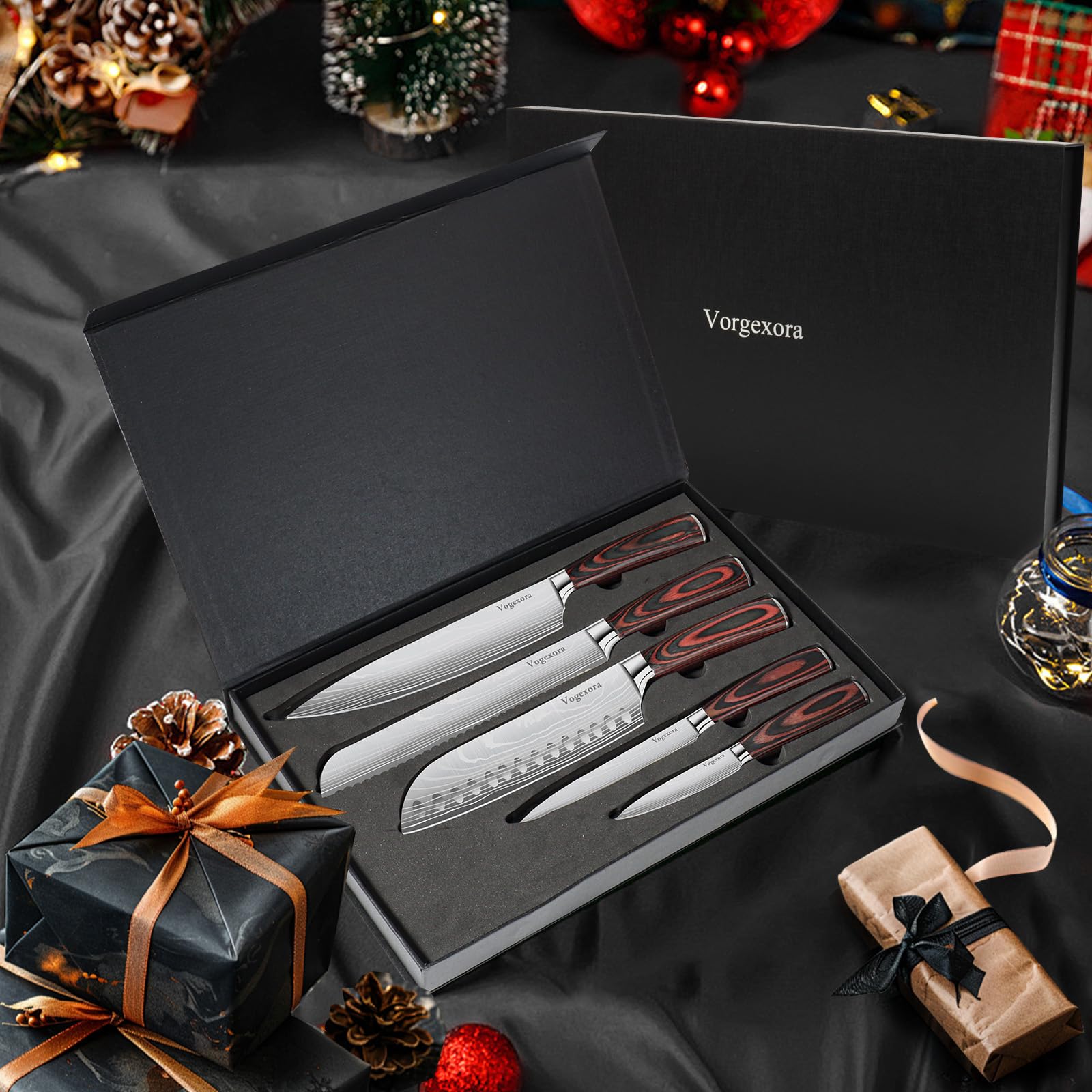 Vorgexora santoku knife in action for precise meat and vegetable chopping