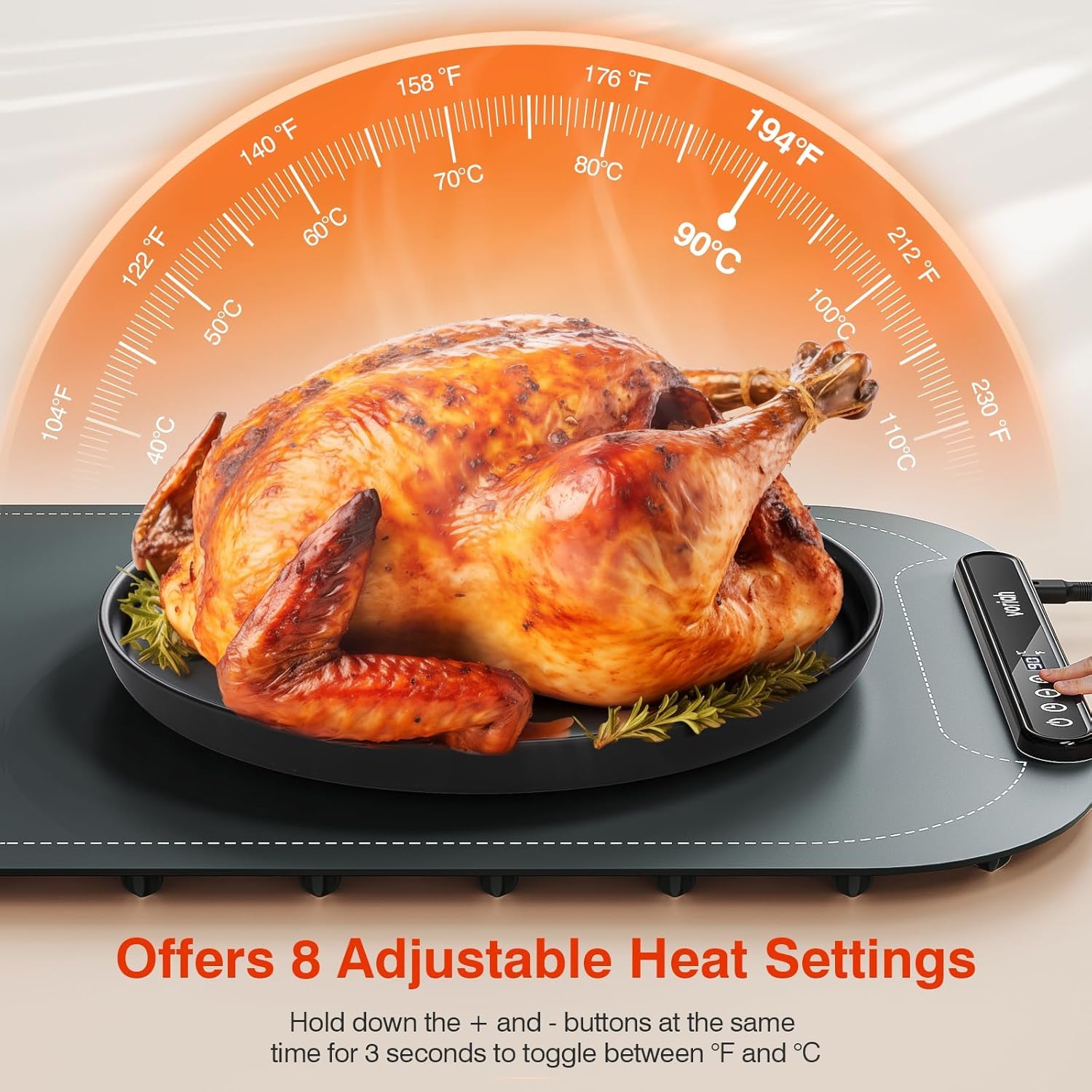 voriah warming mat offers eight temperature settings for precise warming.