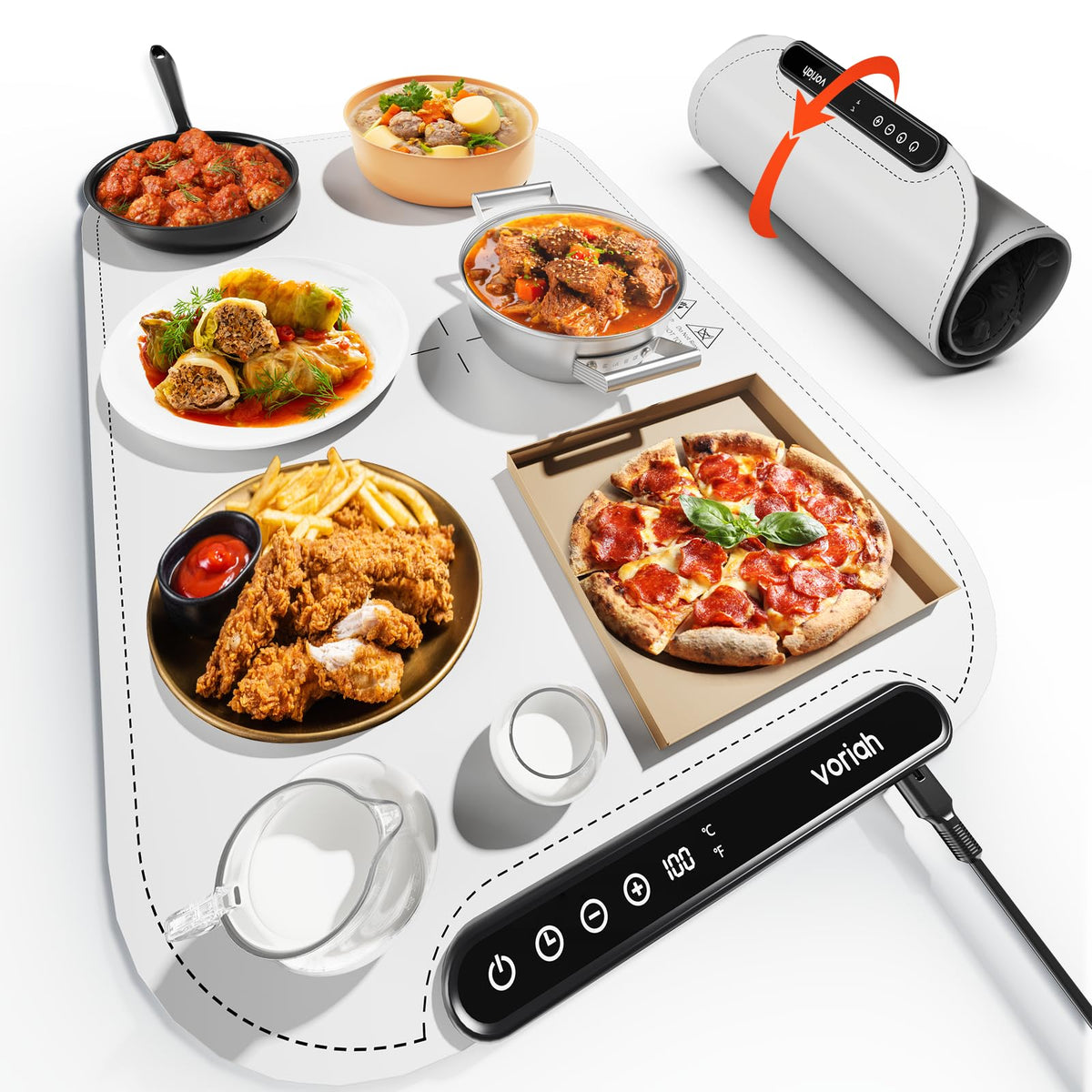 Voriah warming tray showing 8 temperature settings to keep dishes warm during gatherings