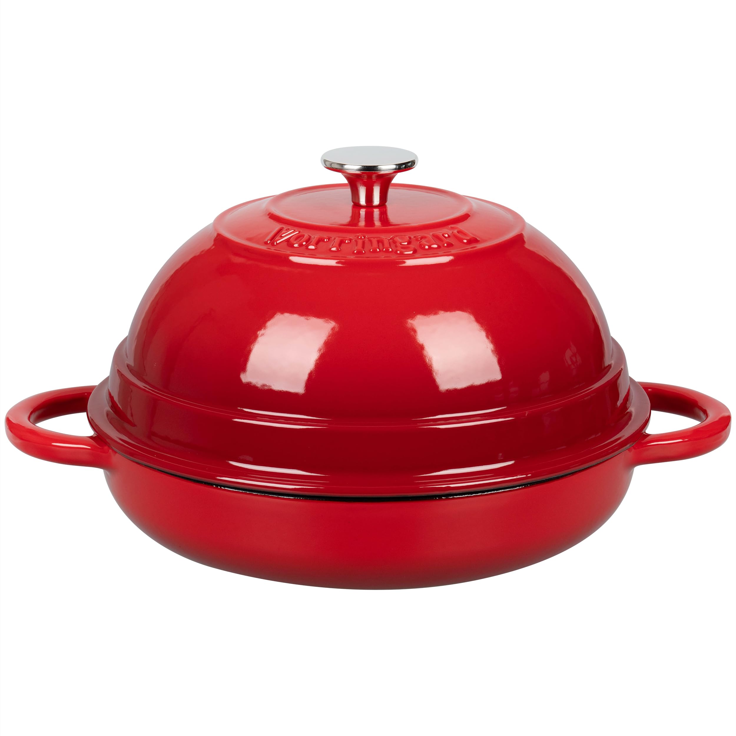 VORRINGARD enameled cast iron Dutch oven with lid in red, ideal for even bread baking.
