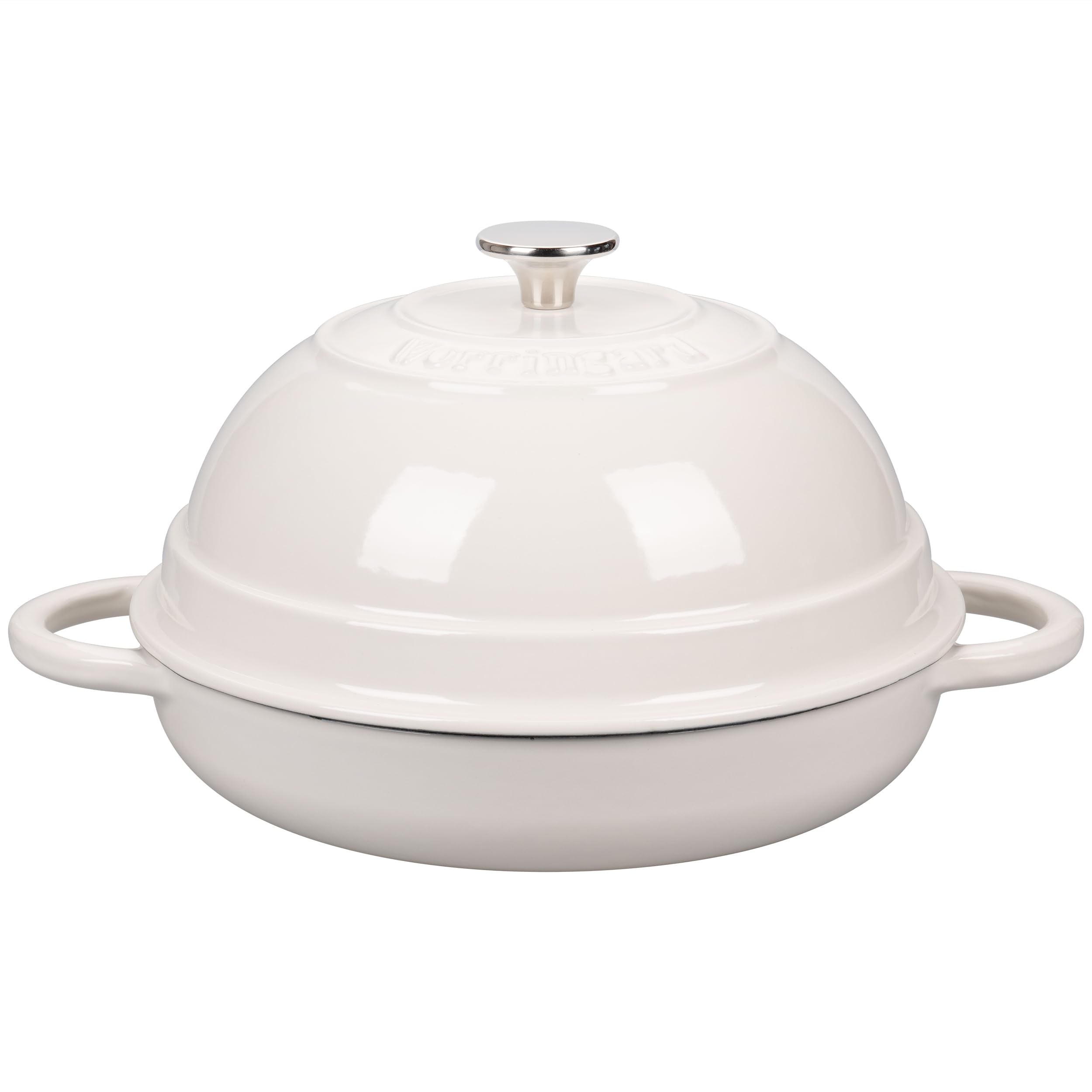 VORRINGARD cast iron Dutch oven with white enamel lid for even heat distribution and bread baking.