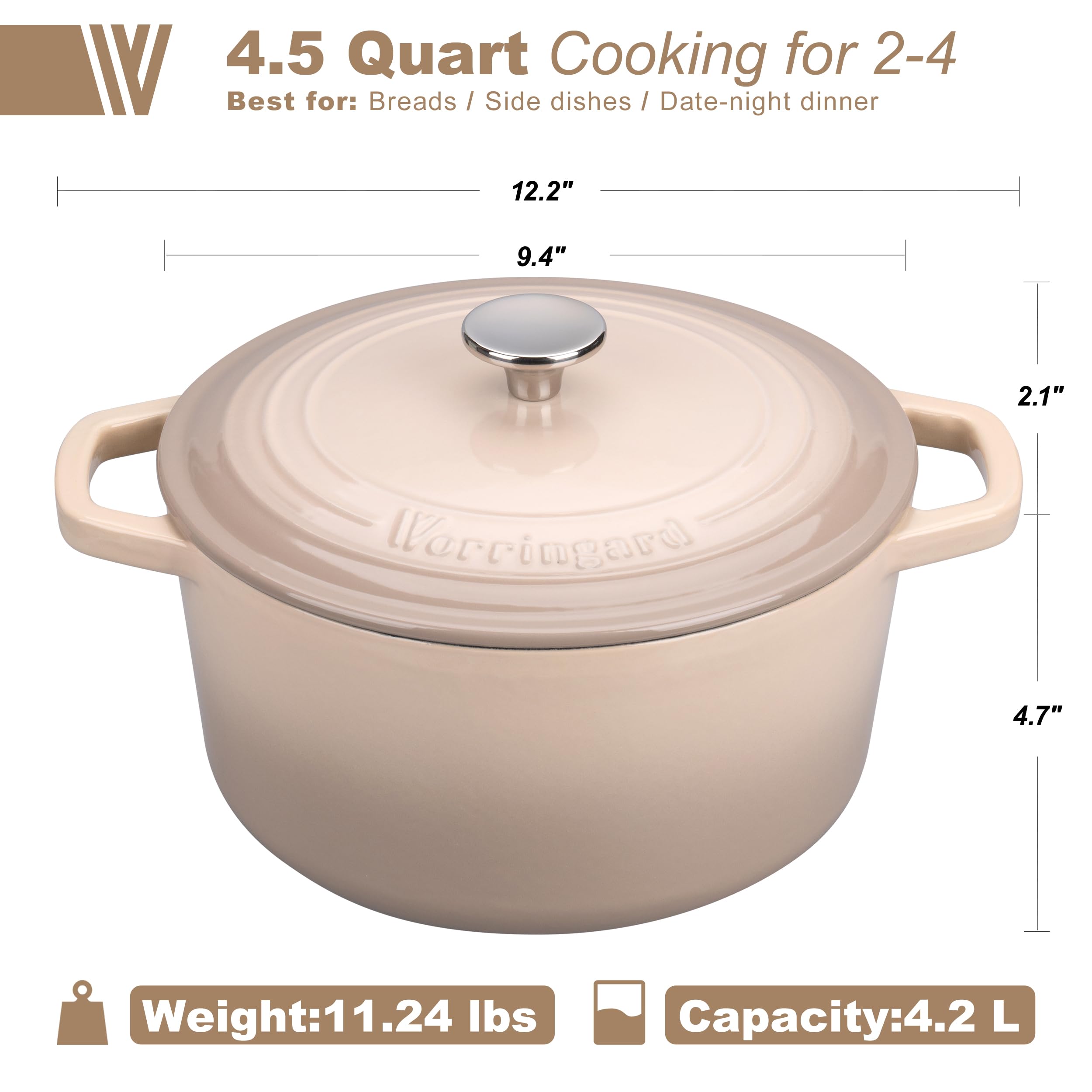 Vorringard dutch oven lid with stainless knob provides a tight seal for slow cooking.