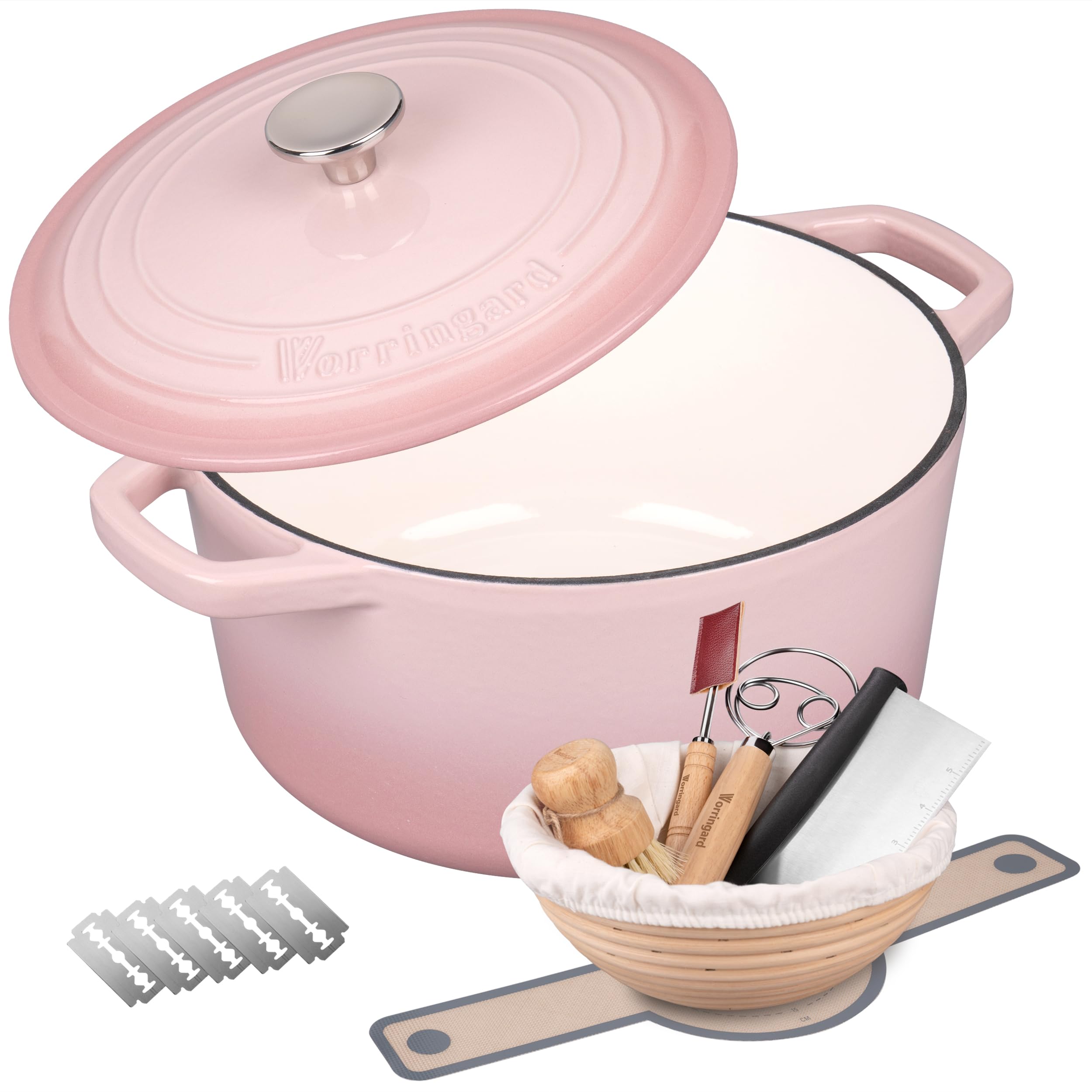 VORRINGARD enamelled cast iron Dutch oven in pink delivering even heat for crusty bread.