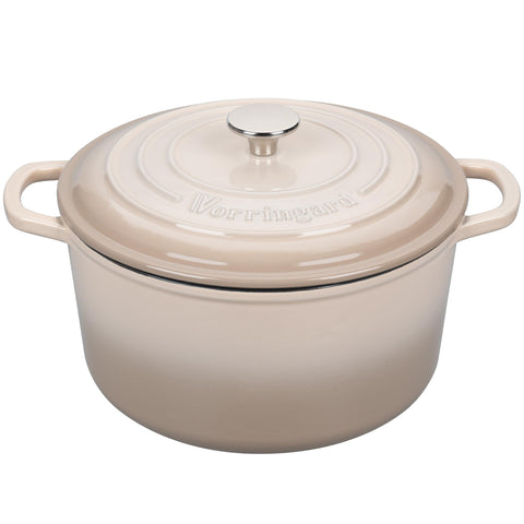 Vorringard latte enameled Dutch oven with lid showing even heat distribution for braising