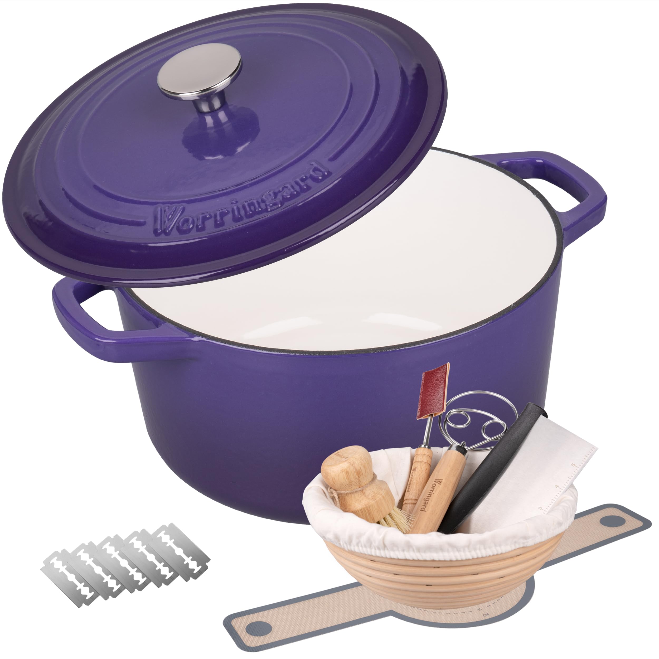 VORRINGARD enameled Dutch oven with purple lid for even heat and crispy bread crusts.