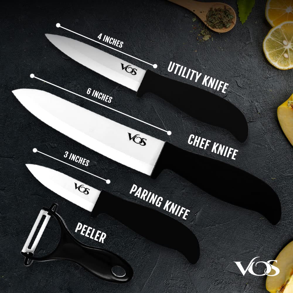 Vos ceramic knife set with 4-inch paring knife for detailed mincing and small cuts.