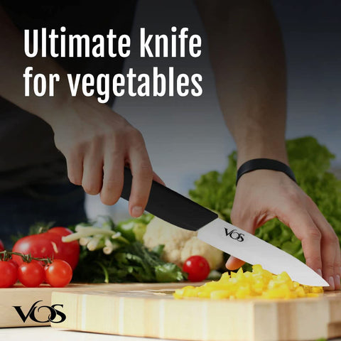 Vos black handle paring knife ideal for precise vegetable trimming.