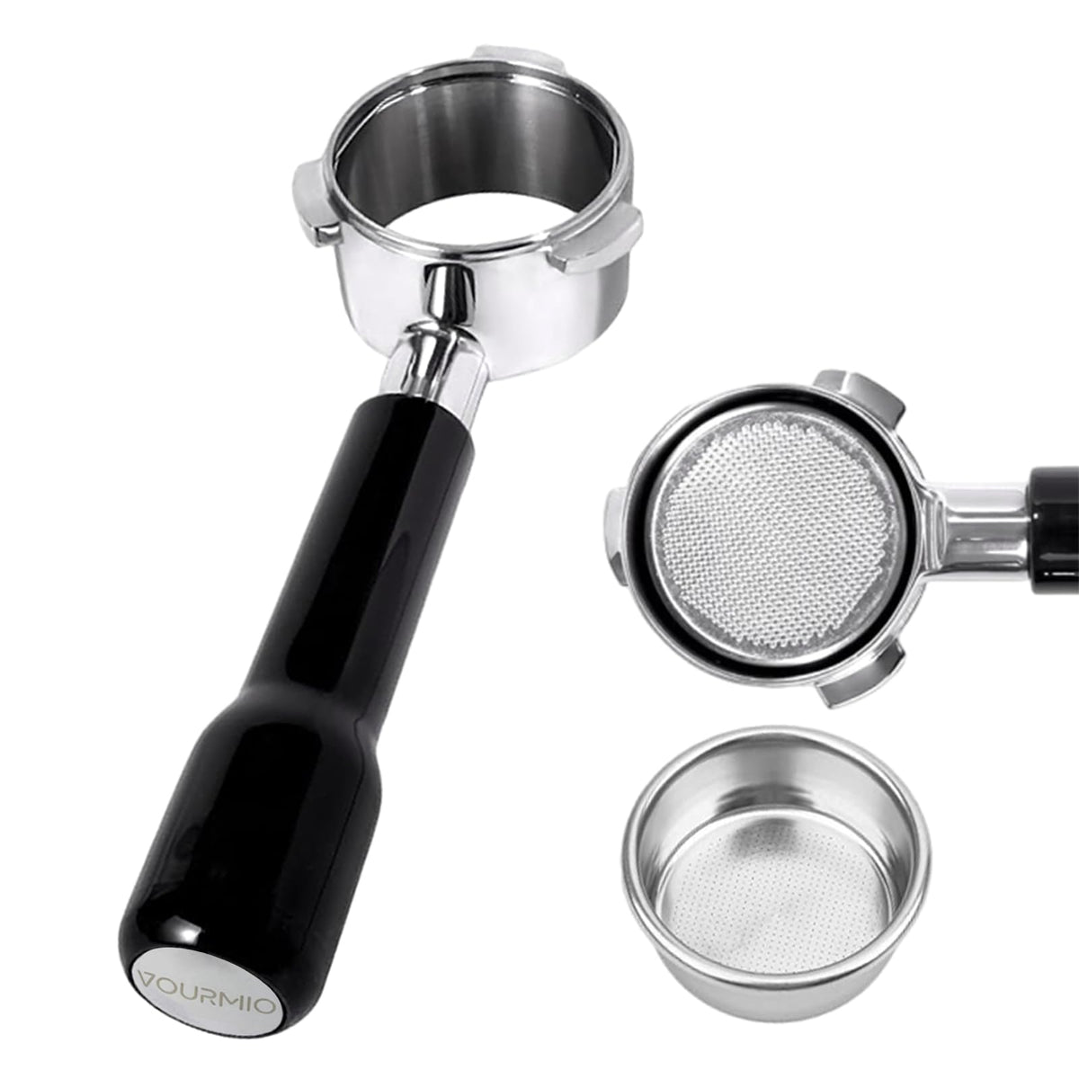 VOURMIO bottomless 54mm portafilter with three ears shows extraction flow for consistency