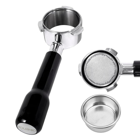 VOURMIO bottomless 54mm portafilter with three ears shows extraction flow for consistency