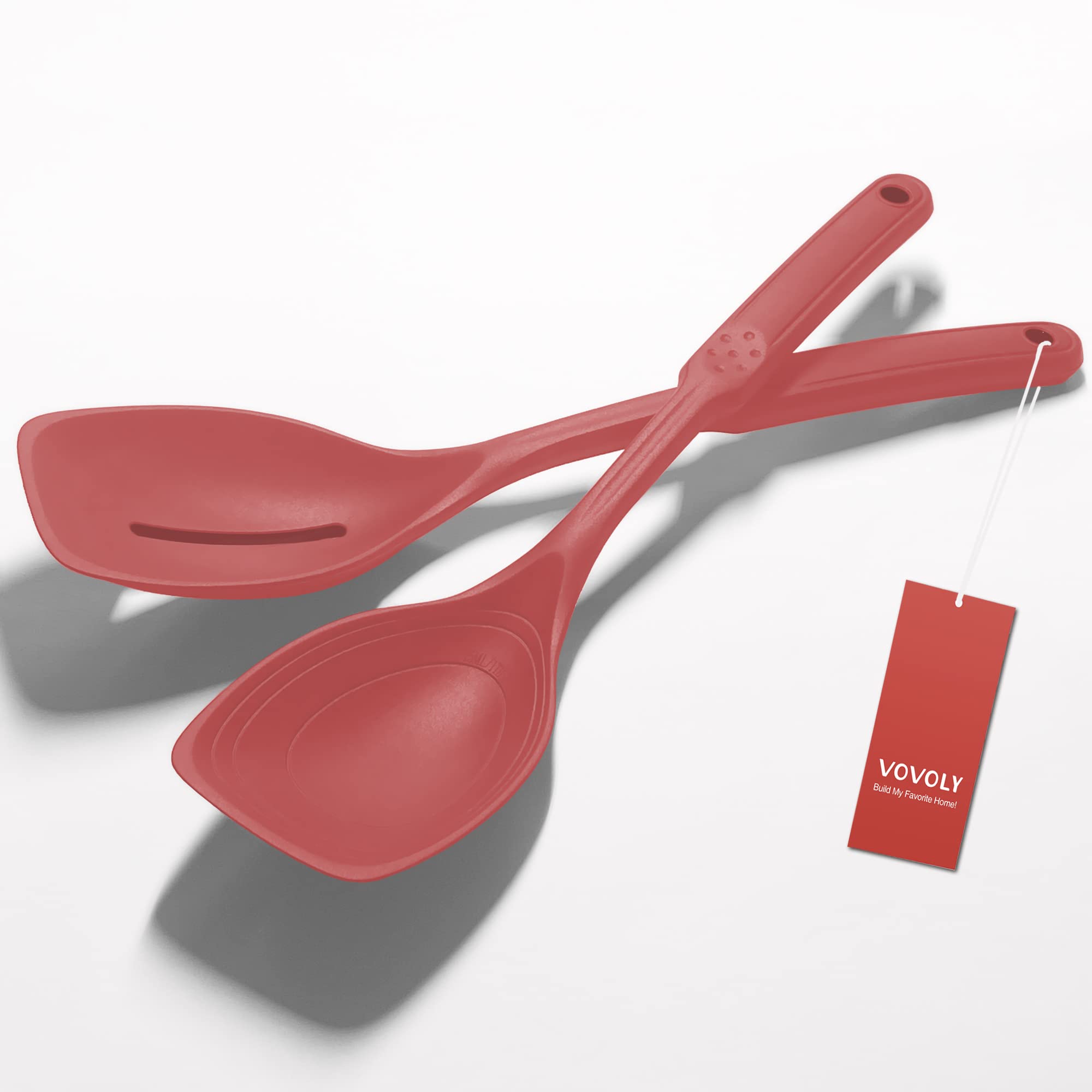 Vovoly 2-pack large silicone spoons, slotted and solid, perfect for versatile cooking tasks.