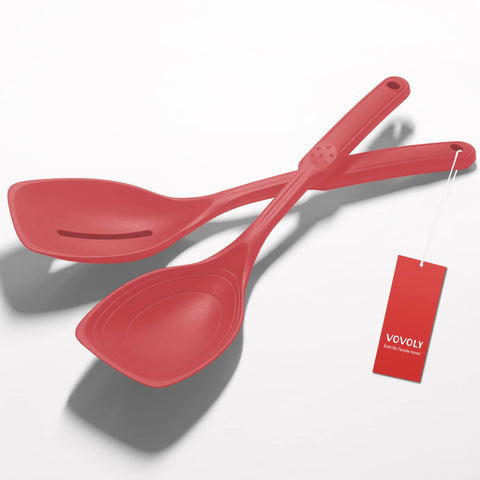Vovoly 2-pack large silicone spoons, slotted and solid, perfect for versatile cooking tasks.