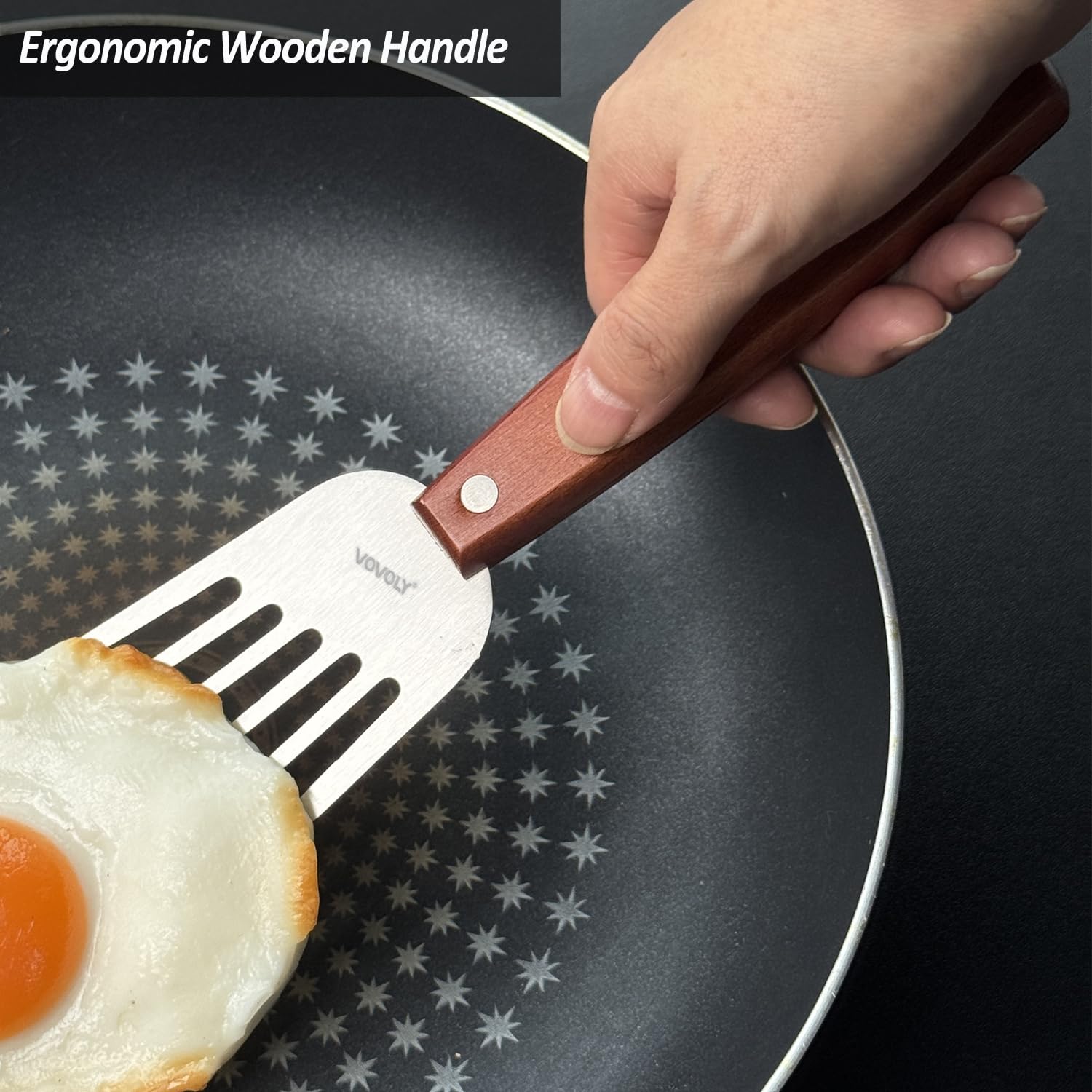 Vovoly easy-clean slotted spatula simplifies hand cleaning.