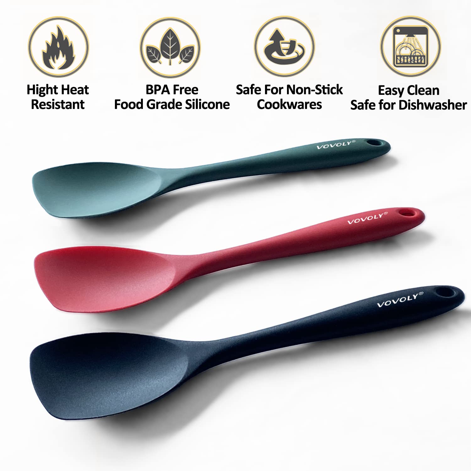 VOVOLY heat-resistant silicone spatulas close-up showing durability and heat tolerance.