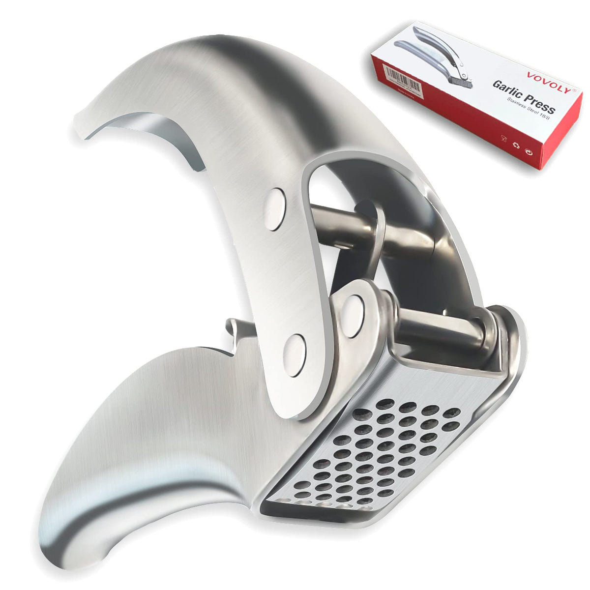 VOVOLY premium garlic press in stainless steel showing durable construction for fast mincing.