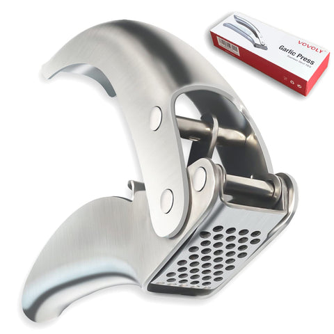 VOVOLY premium garlic press in stainless steel showing durable construction for fast mincing.