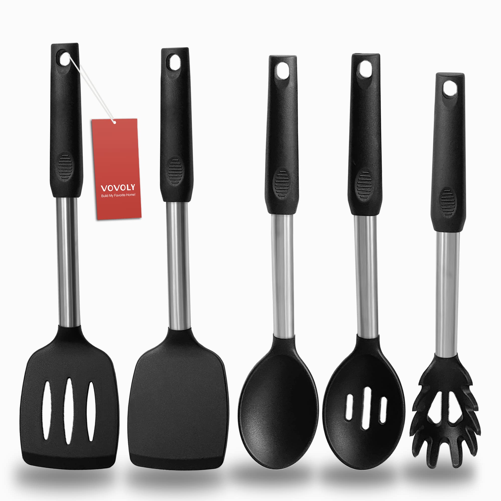 Vovoly silicone spatula solid black in hand, safe for nonstick pans and even heat handling