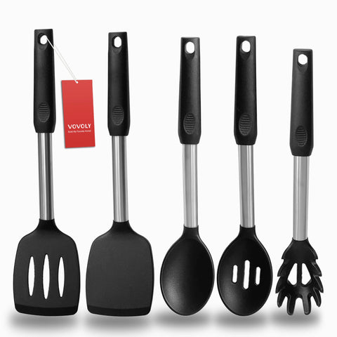 Vovoly silicone spatula solid black in hand, safe for nonstick pans and even heat handling