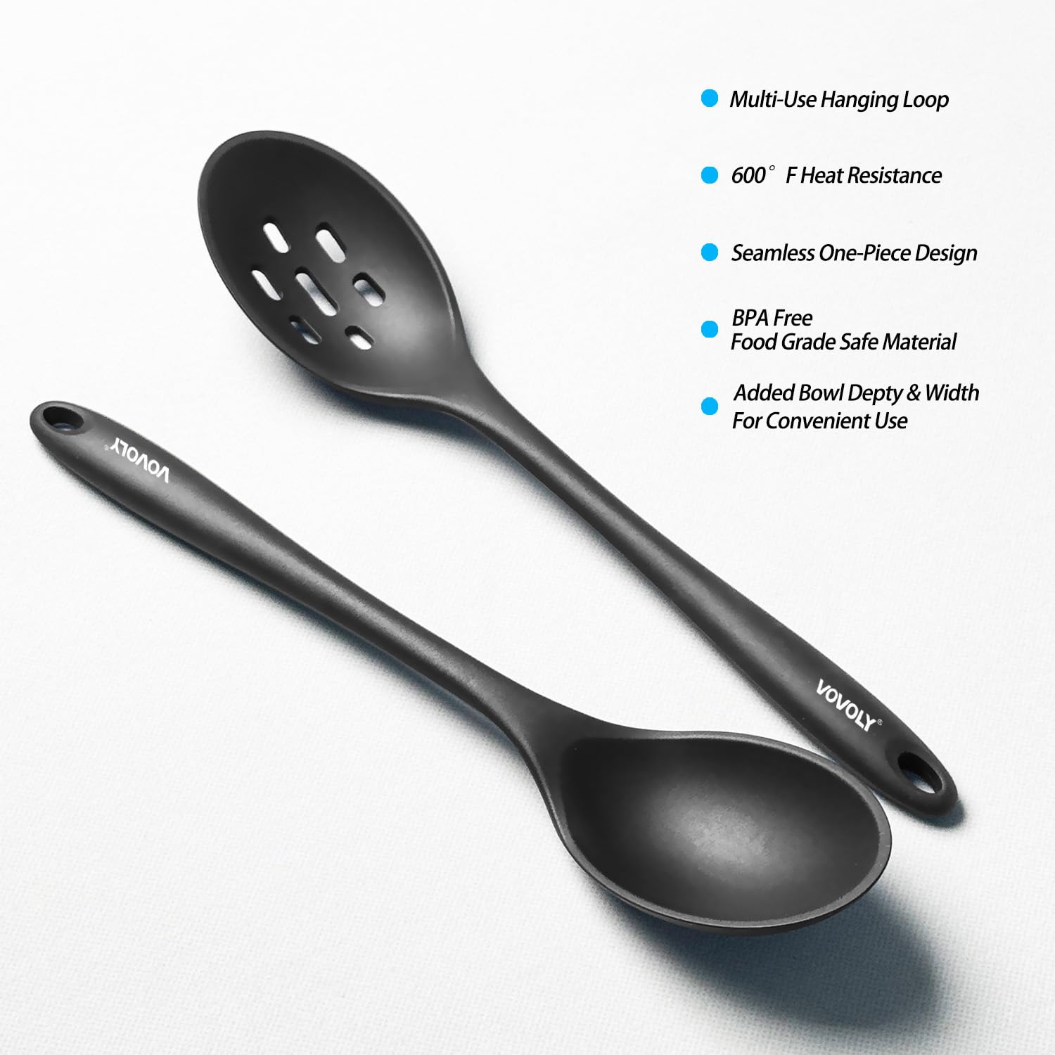 Vovoly silicone spoon with stainless-steel core for durable, rust-resistant cooking.