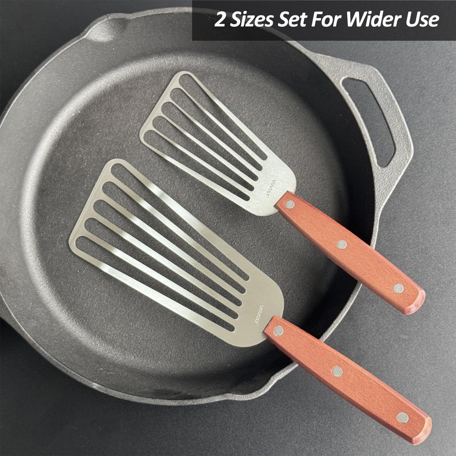 Vovoly curved-slotted blade spatula demonstrates precision under food.