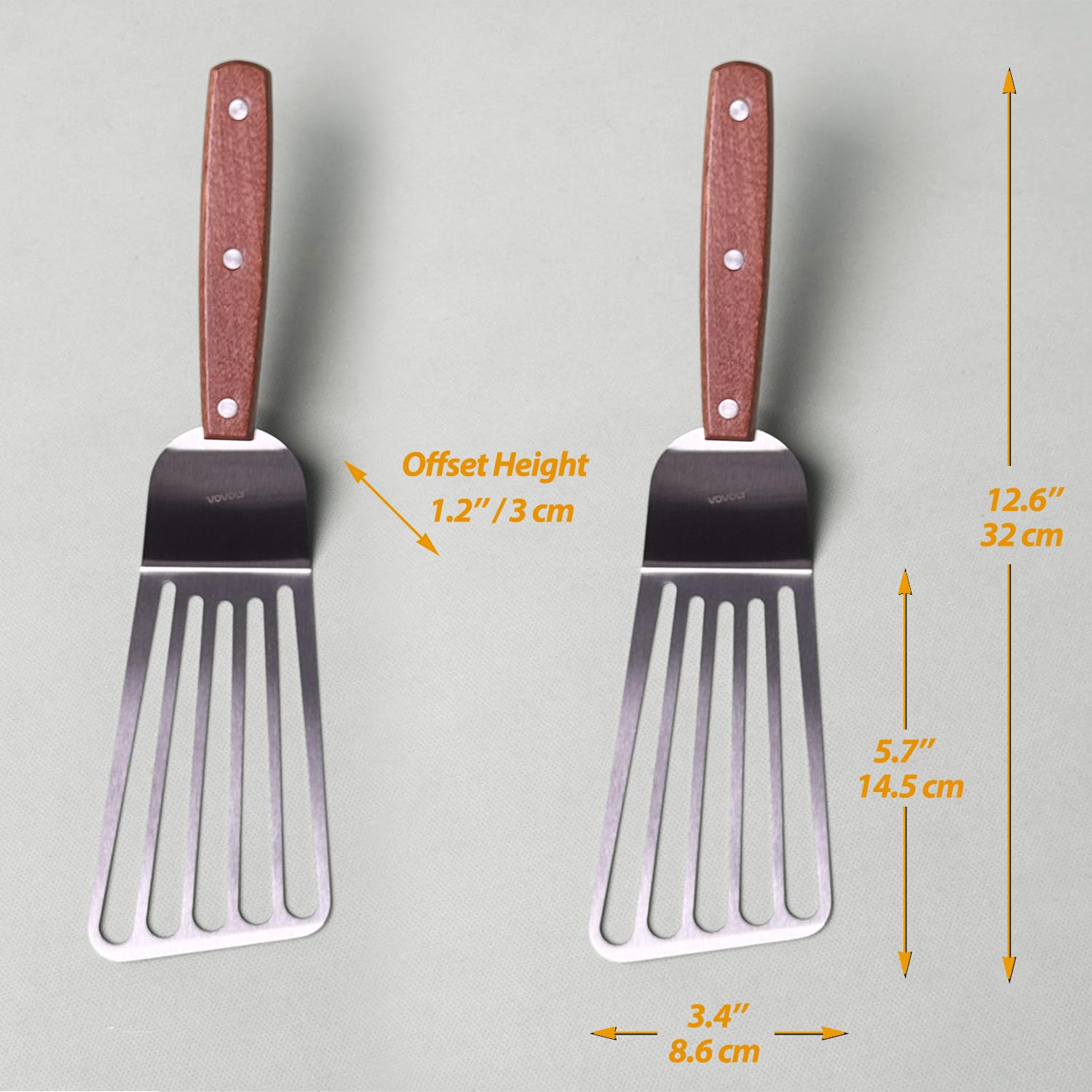 Vovoly stainless steel slotted blade drains oil when lifting fried foods.