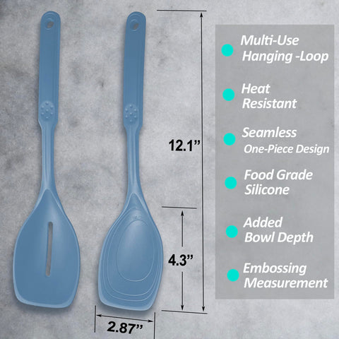 Vovoly Starry Blue silicone spoons flat-edge tip for thorough scraping.