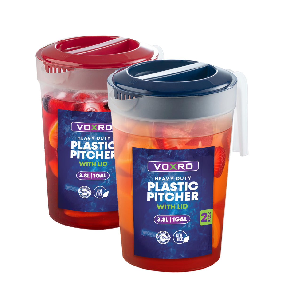 VOXRO 2-pack 1-gallon pitchers with twist lids for mess-free serving.