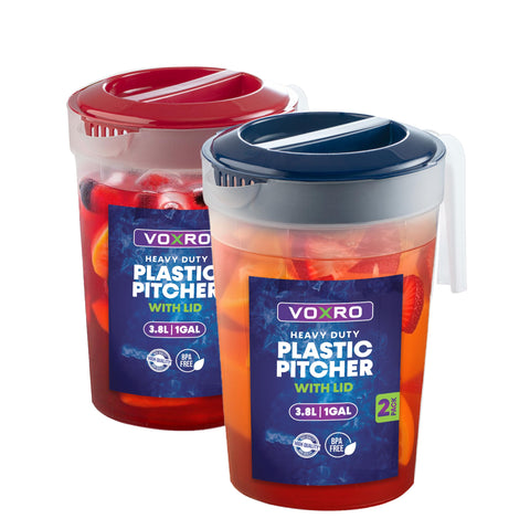 VOXRO 2-pack 1-gallon pitchers with twist lids for mess-free serving.