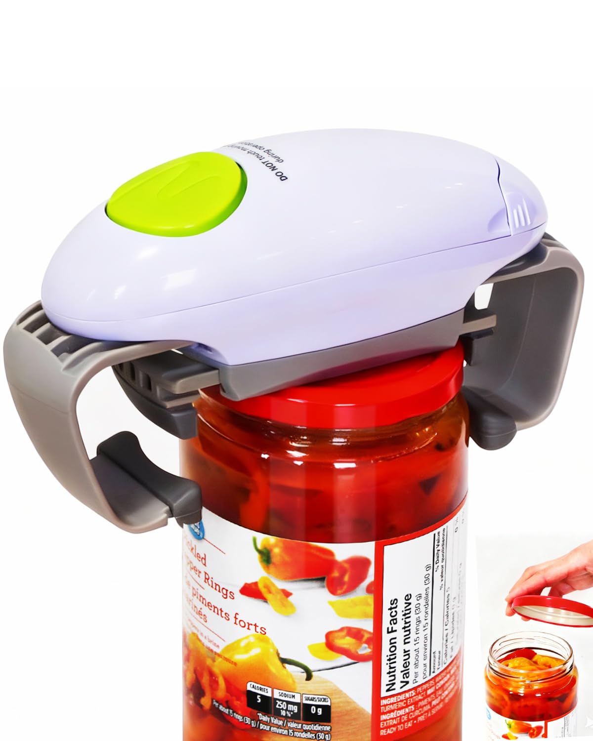 Voyage Bees electric jar opener shows one-touch operation for easy lid removal.