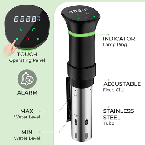 Vpcok Direct sous vide cooker 360-degree circulation for even cooking.
