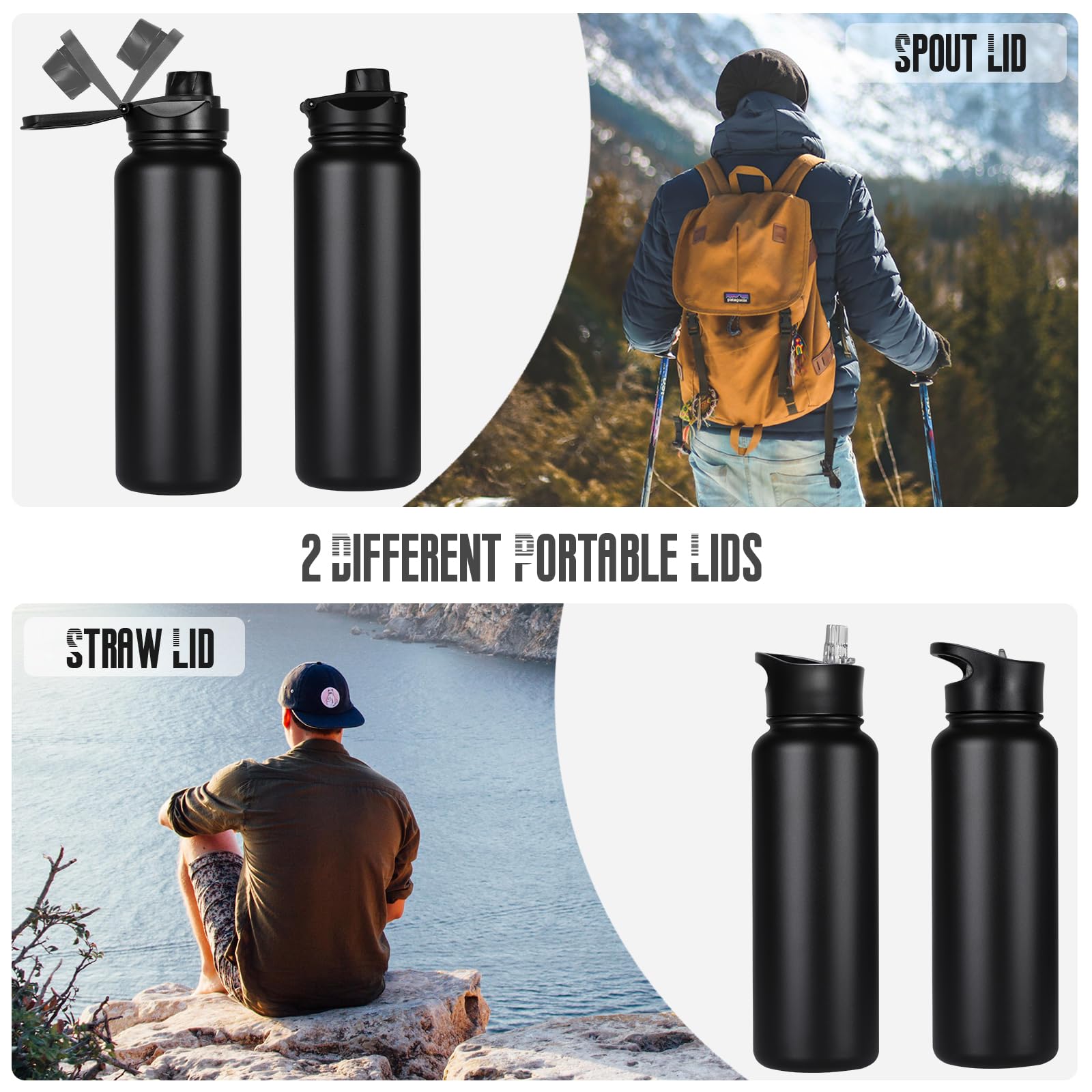 VQRRCKI 40oz black stainless steel bottle keeps drinks at the right temperature.