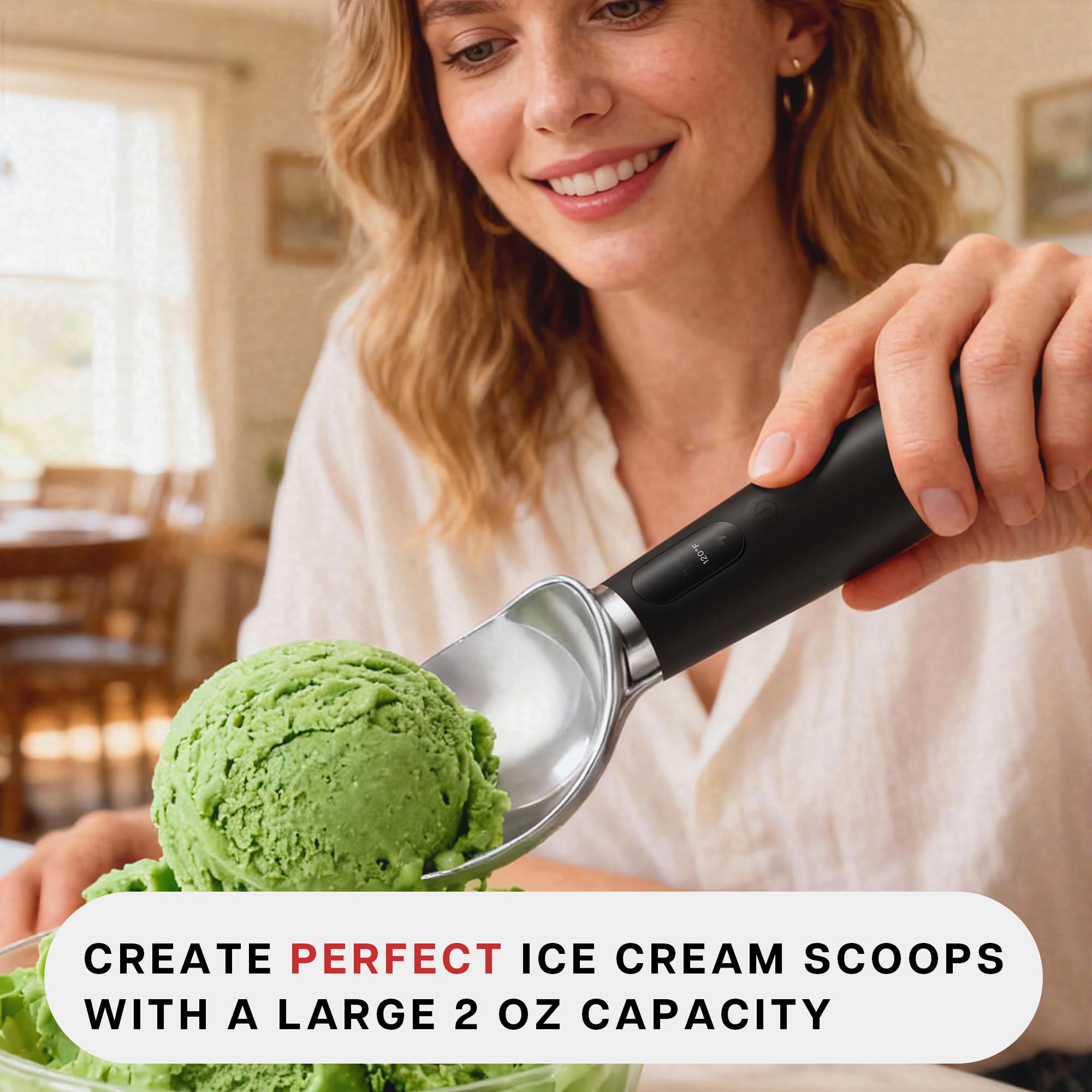 VRAIKO heated ice cream scoop demonstrating three heat levels for different textures.