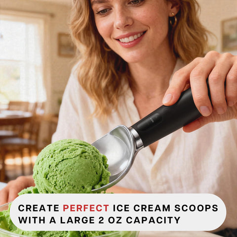 VRAIKO heated ice cream scoop demonstrating three heat levels for different textures.