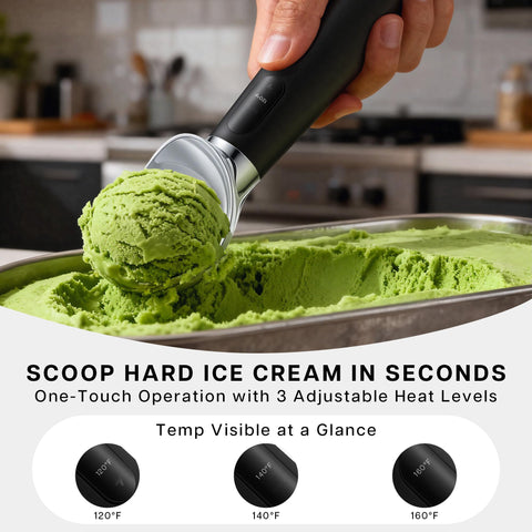 VRAIKO heated ice cream scoop showing LED display for temperature readout.