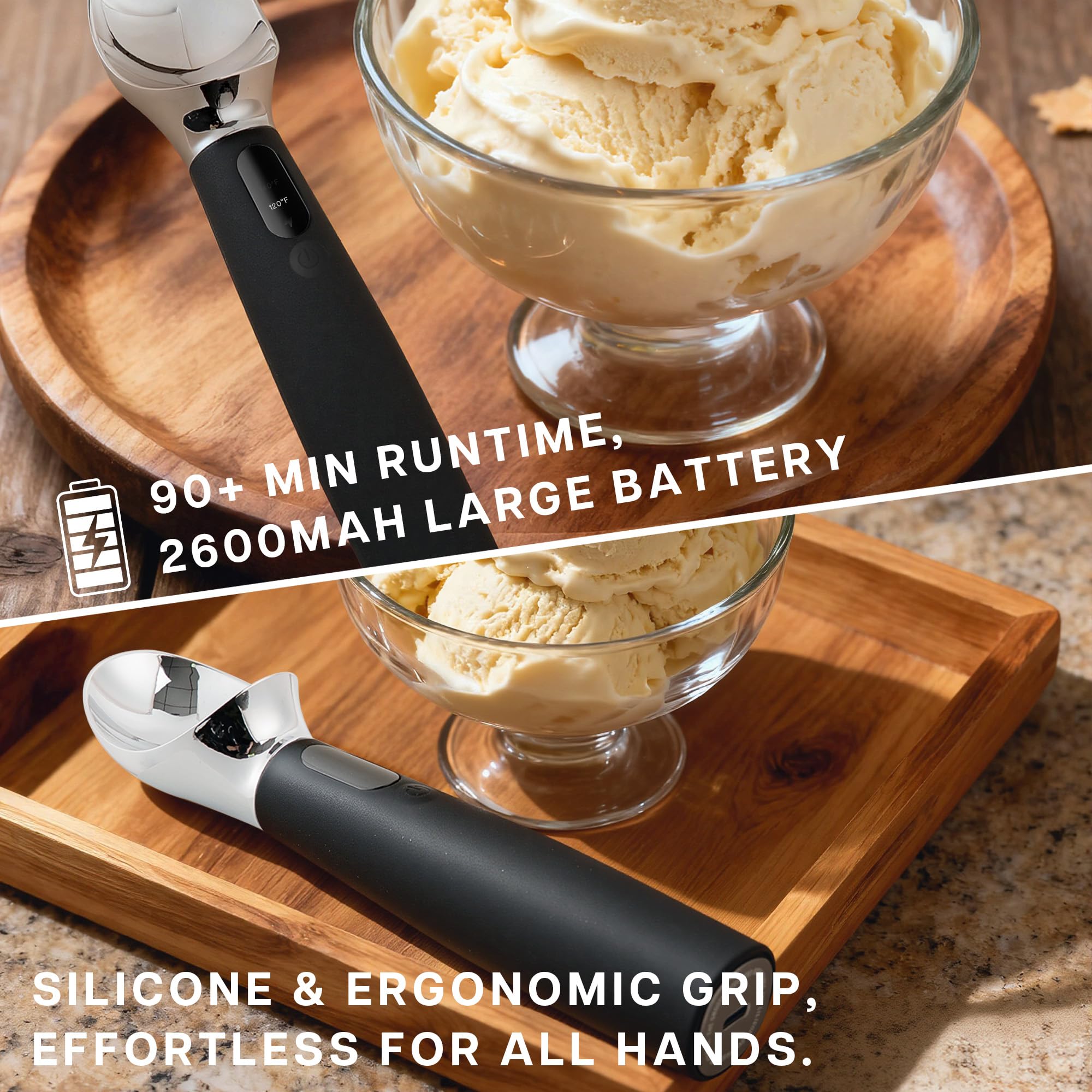 VRAIKO heated ice cream scoop metal head gliding through ice cream.