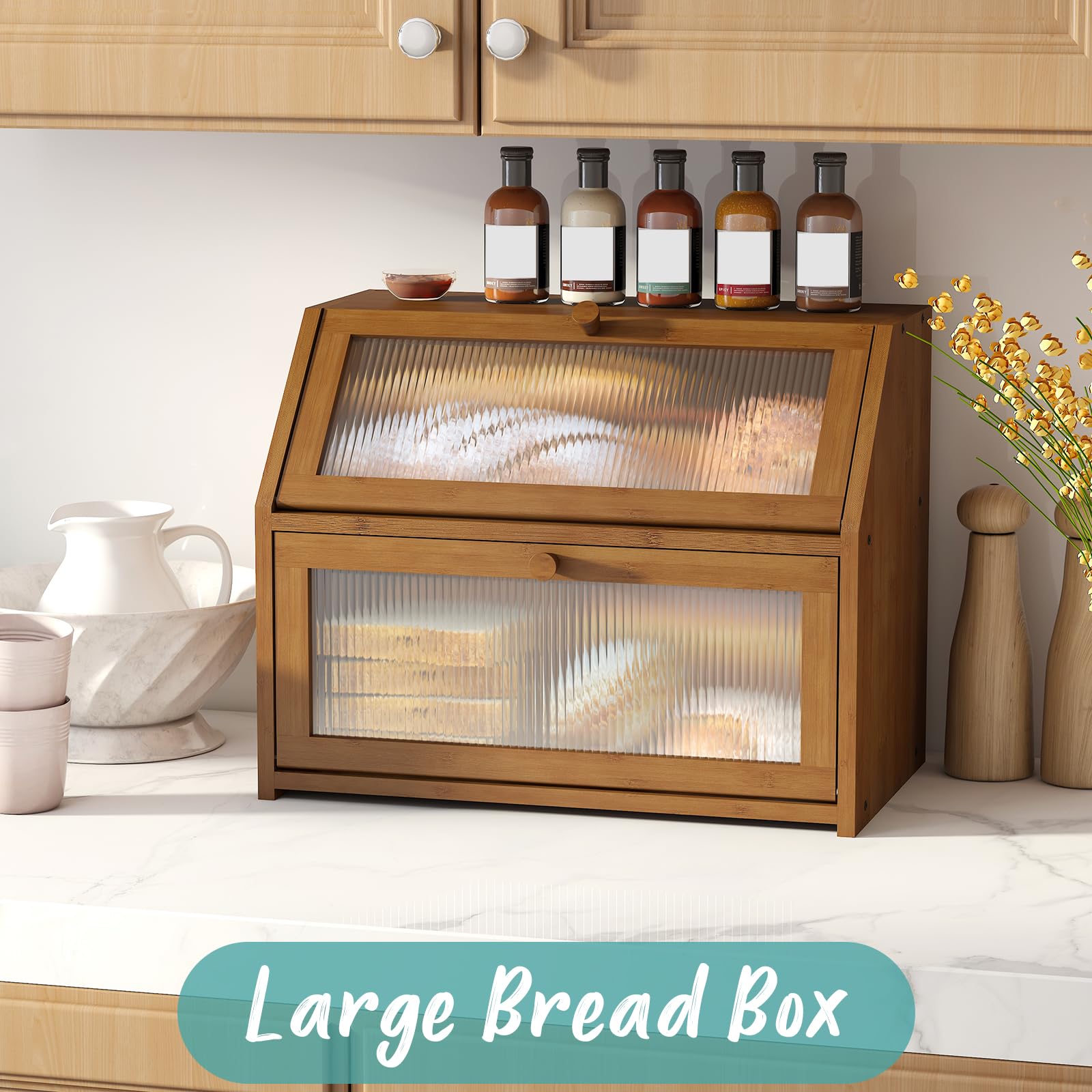 Vriccc bamboo bread box with acrylic wave glass panel for a clean kitchen look