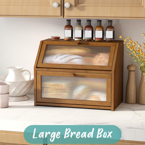 Vriccc bamboo bread box with acrylic wave glass panel for a clean kitchen look