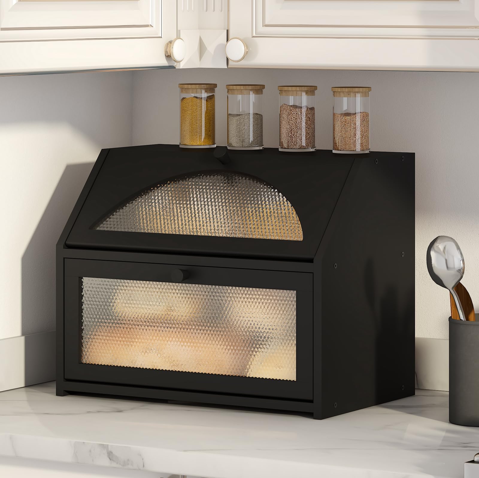 Vriccc Bread Box with Diamond Panel Door on counter, privacy and style