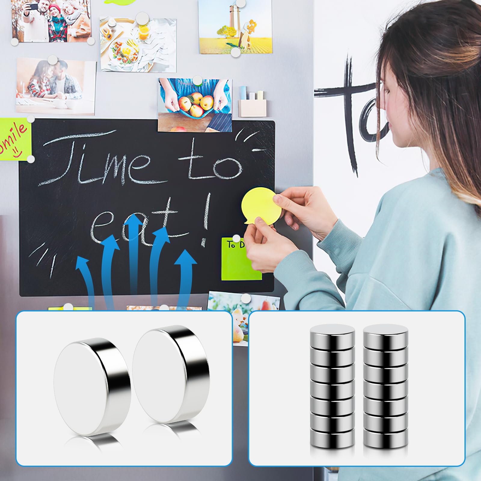 Vruelia magnets on fridge and whiteboard with silver nickel finish.