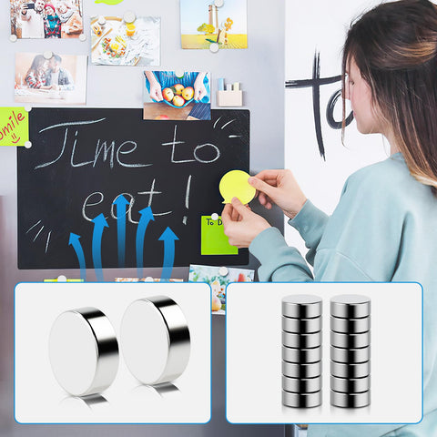 Vruelia magnets on fridge and whiteboard with silver nickel finish.