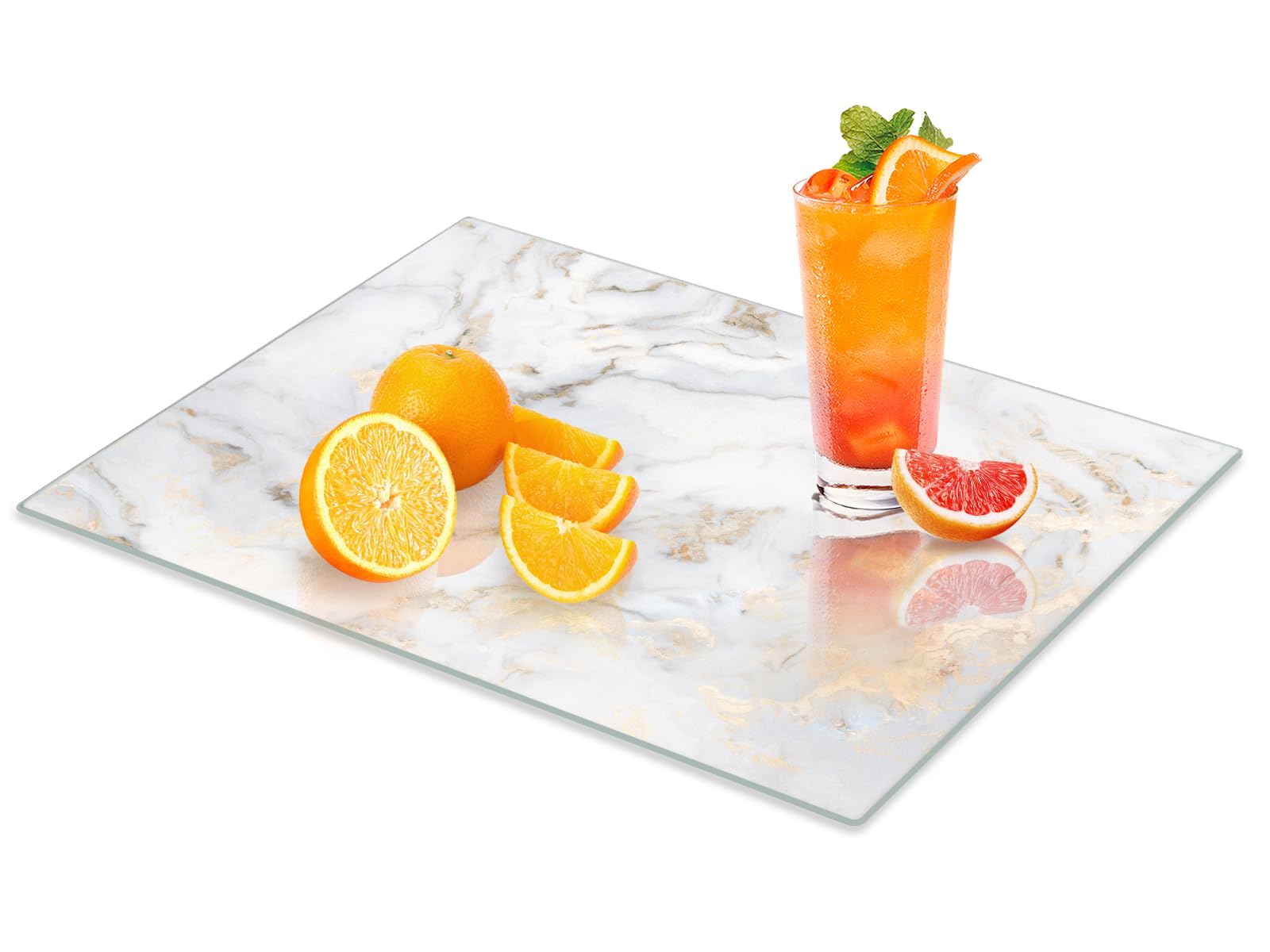 VSAR House tempered glass cutting board with gold marble finish, easy to clean and durable.
